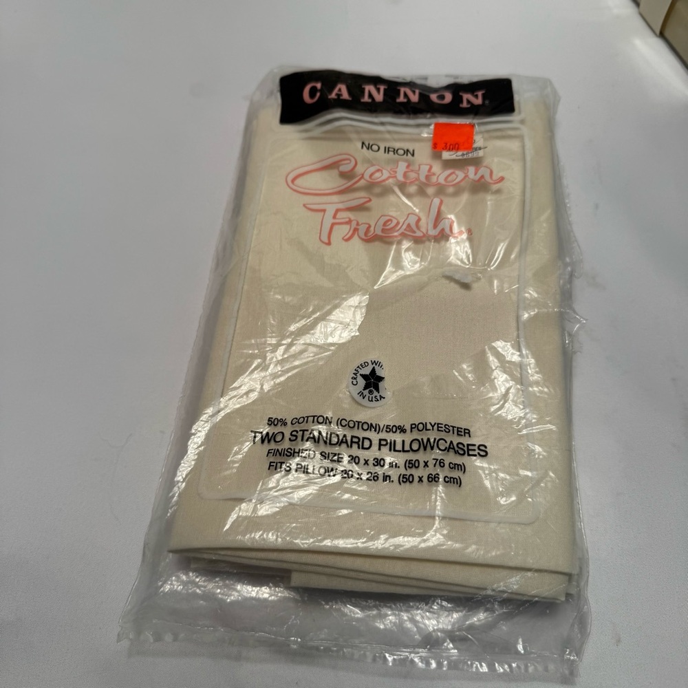 Cannon Cotton Fresh Standard‎ Pillowcase Cream No Iron 2Pcs Vintage Bedding New